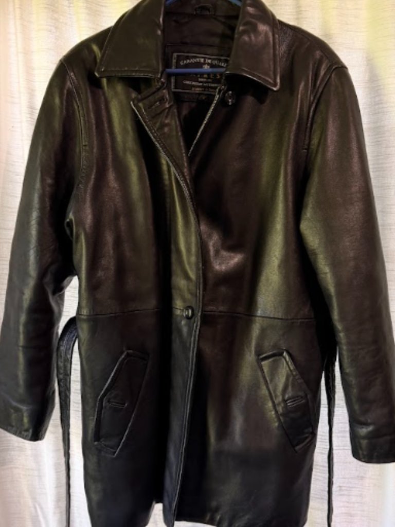 Vtg 90s Express Black Leather Trench Coat Jacket Belted Mid Length Women's M